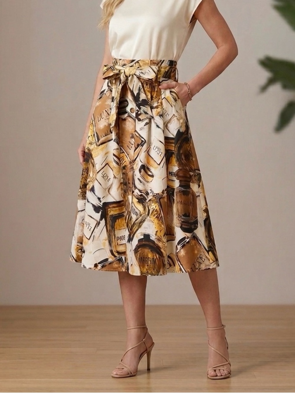 HER Destiny - Belted Perfume Print Midi Skirt